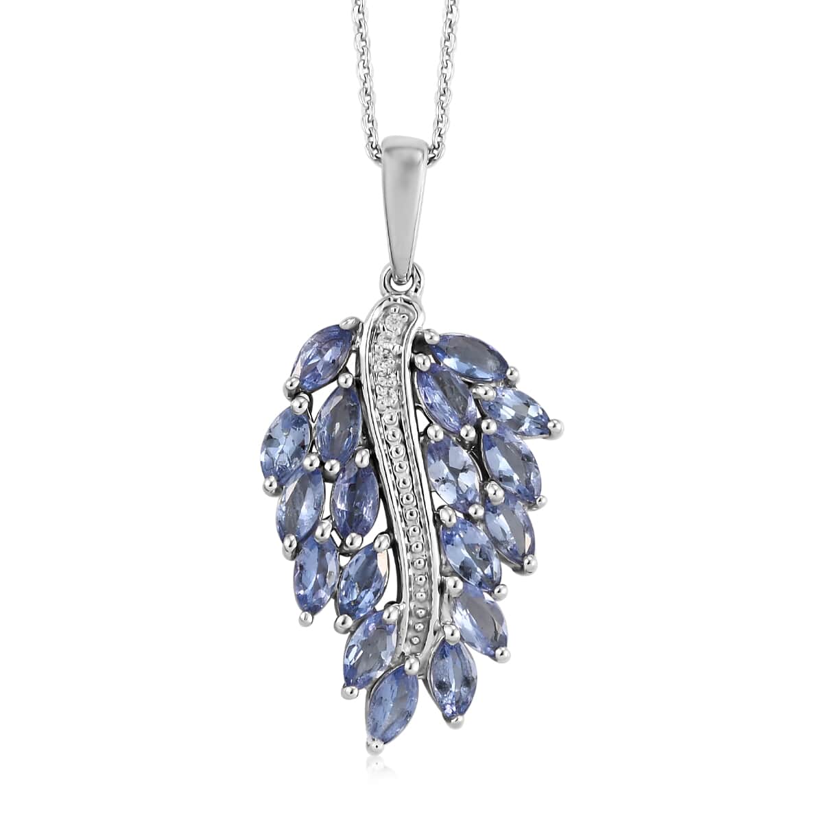 Tanzanite and Natural White Zircon Leaf Pendant Necklace 20 Inches in Platinum Over Sterling Silver 2.50 ctw image number 0