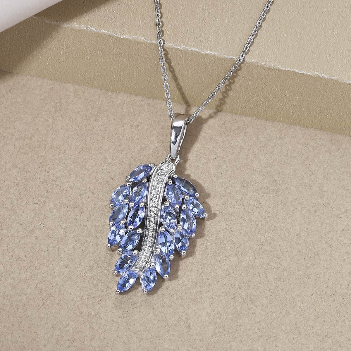 Tanzanite and Natural White Zircon Leaf Pendant Necklace 20 Inches in Platinum Over Sterling Silver 2.50 ctw image number 1