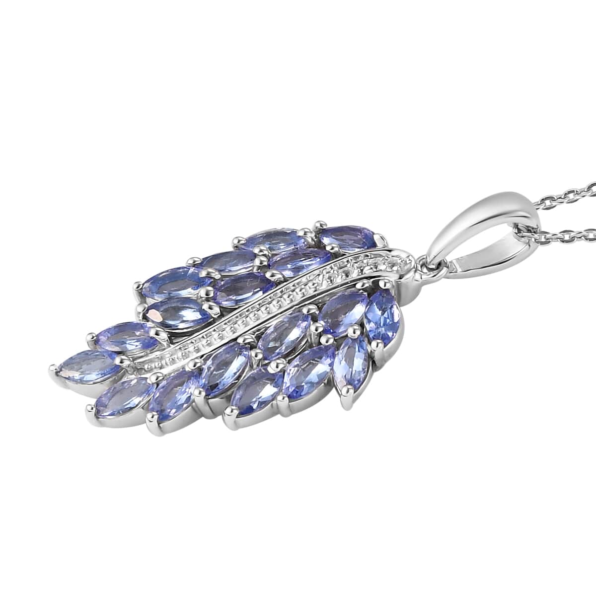 Tanzanite and Natural White Zircon Leaf Pendant Necklace 20 Inches in Platinum Over Sterling Silver 2.50 ctw image number 3