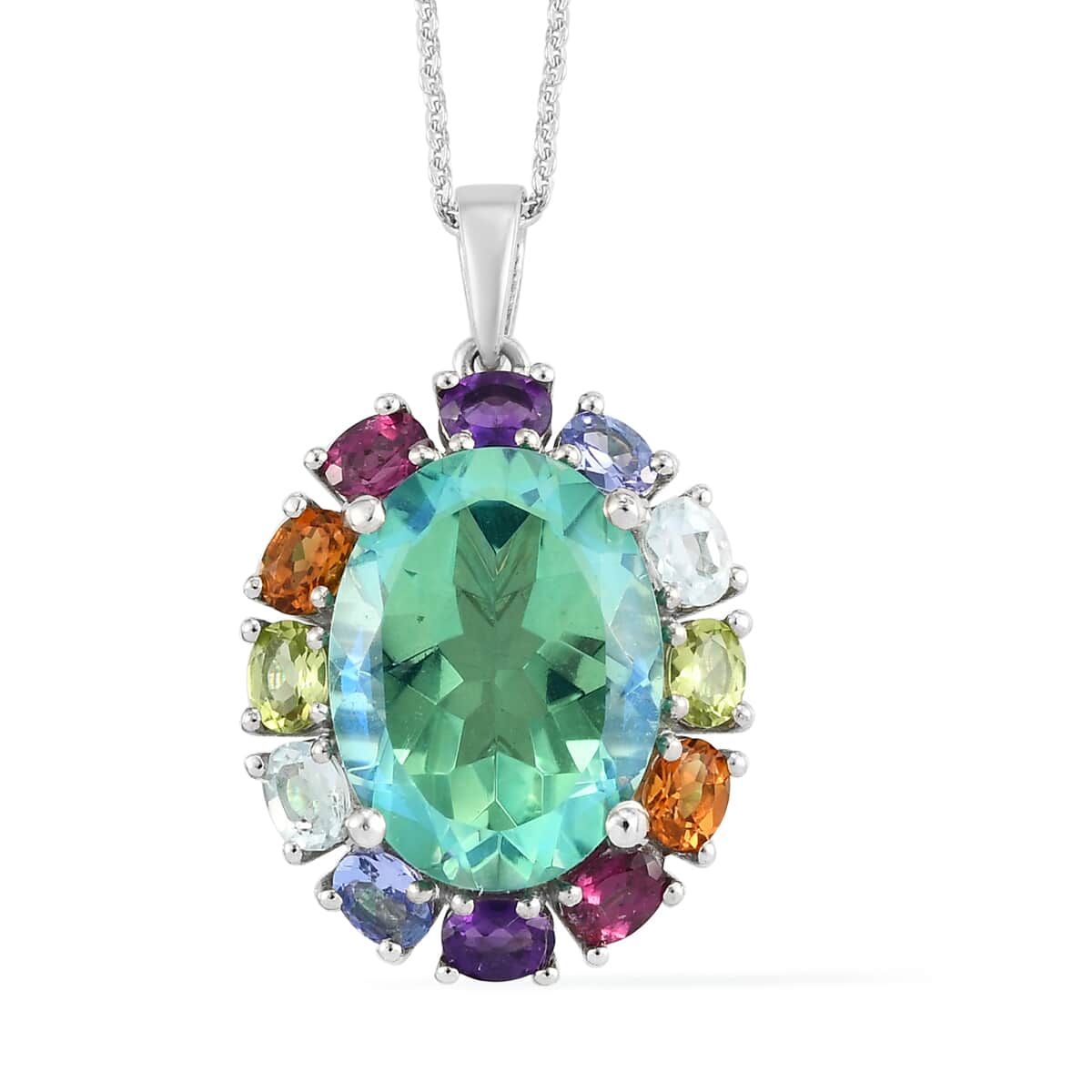 Peacock Quartz (Triplet) and Multi Gemstone Halo Pendant Necklace 20 Inches in Platinum Over Sterling Silver 11.00 ctw image number 0