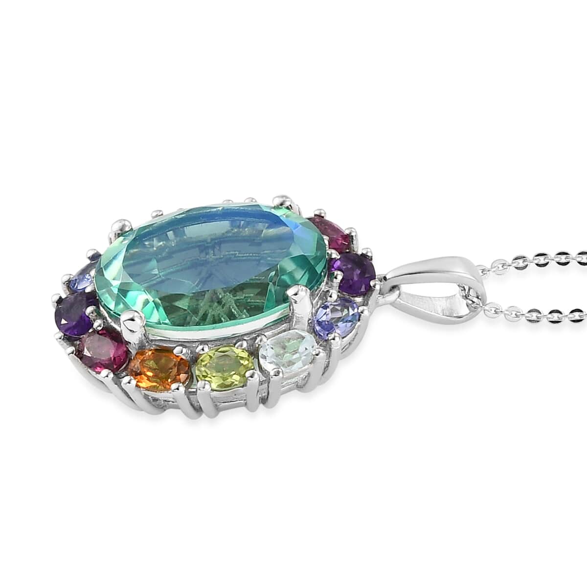 Peacock Quartz (Triplet) and Multi Gemstone Halo Pendant Necklace 20 Inches in Platinum Over Sterling Silver 11.00 ctw image number 3