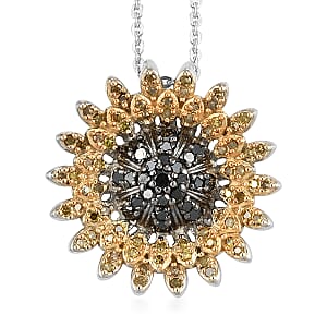 GP Italian Garden Collection Black and Yellow Diamond Floral Pendant Necklace 20 Inches in Rhodium and Platinum Over Sterling Silver 0.50 ctw