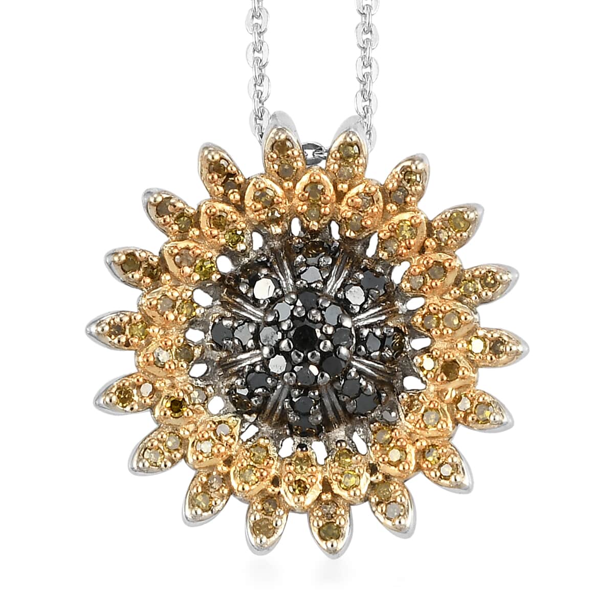 GP Italian Garden Collection Black and Yellow Diamond Floral Pendant Necklace 20 Inches in Rhodium and Platinum Over Sterling Silver 0.50 ctw image number 0