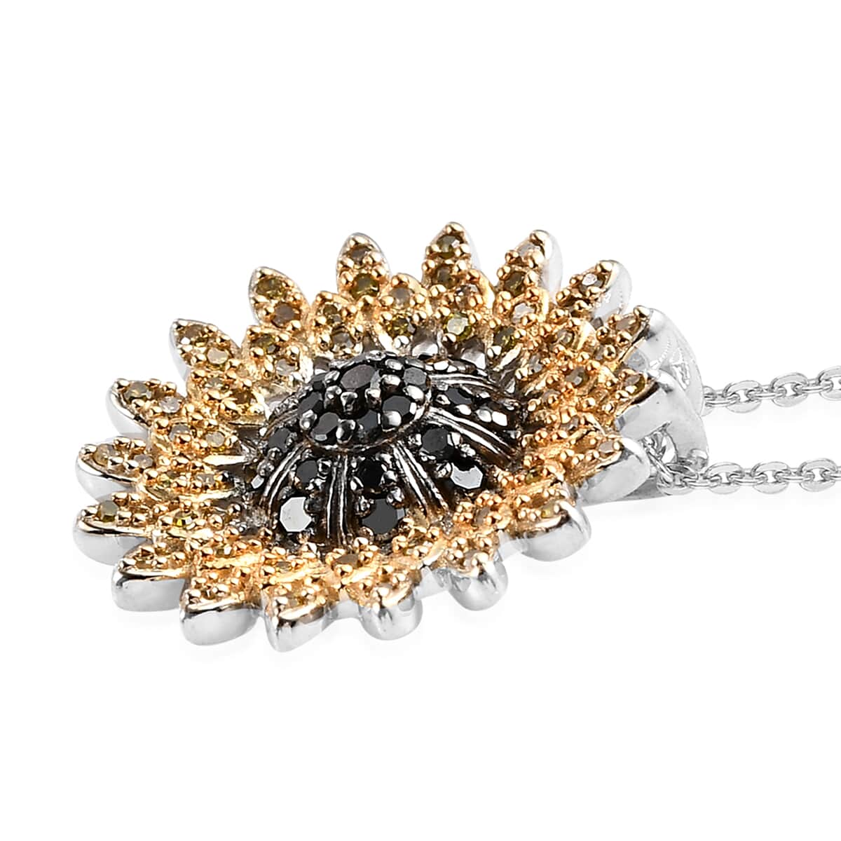 GP Italian Garden Collection Black and Yellow Diamond Floral Pendant Necklace 20 Inches in Rhodium and Platinum Over Sterling Silver 0.50 ctw image number 3