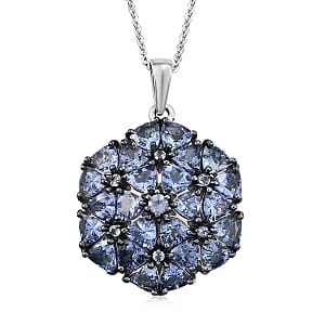 Tanzanite Cluster Pendant Necklace 20 Inches in Rhodium and Platinum Over Sterling Silver 5.50 ctw