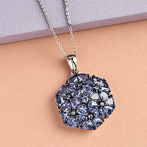 Tanzanite Cluster Pendant Necklace 20 Inches in Rhodium and Platinum Over Sterling Silver 5.50 ctw