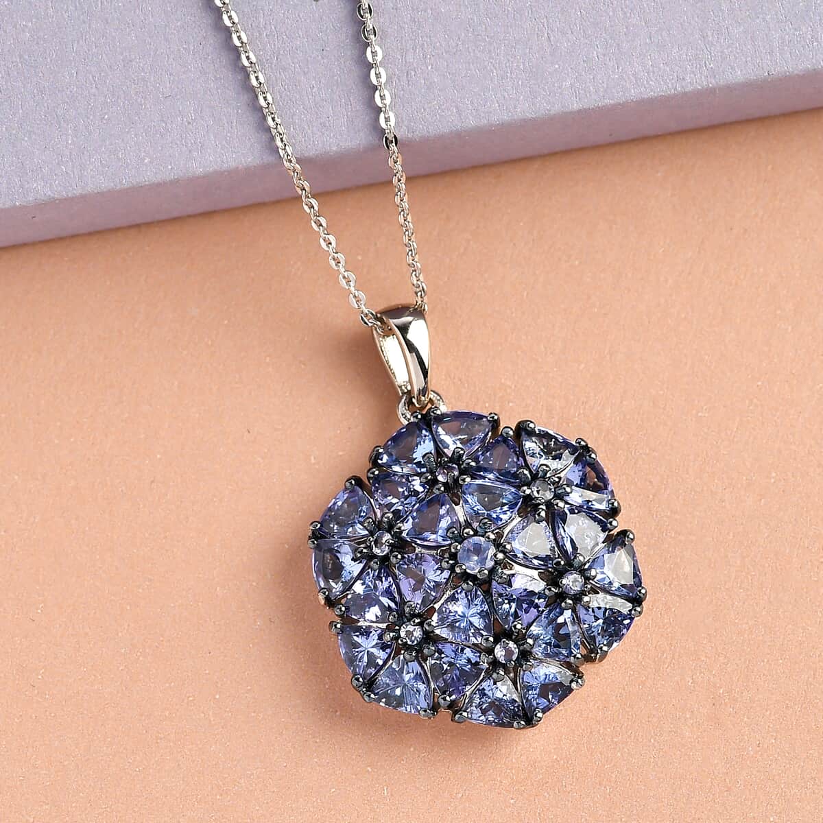 Tanzanite Cluster Pendant Necklace 20 Inches in Rhodium and Platinum Over Sterling Silver 5.50 ctw image number 1