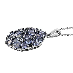 Tanzanite Cluster Pendant Necklace 20 Inches in Rhodium and Platinum Over Sterling Silver 5.50 ctw