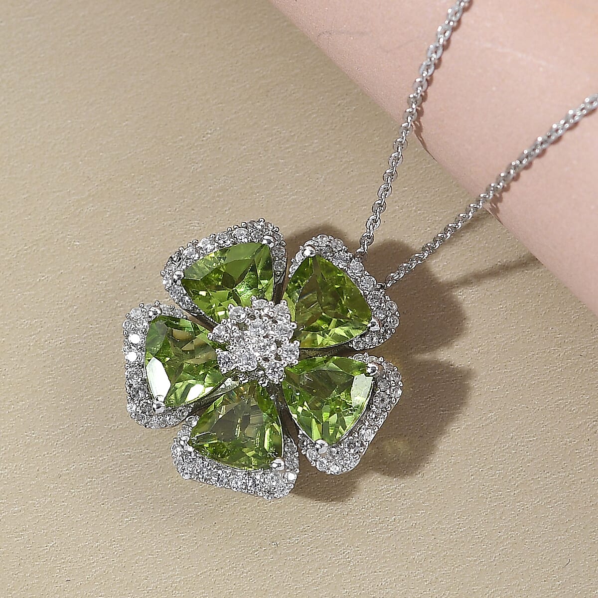 GP ITALIAN GARDEN COLLECTION Peridot and Natural White Zircon Floral Pendant Necklace 20 Inches in Platinum Over Sterling Silver 6.50 ctw image number 1