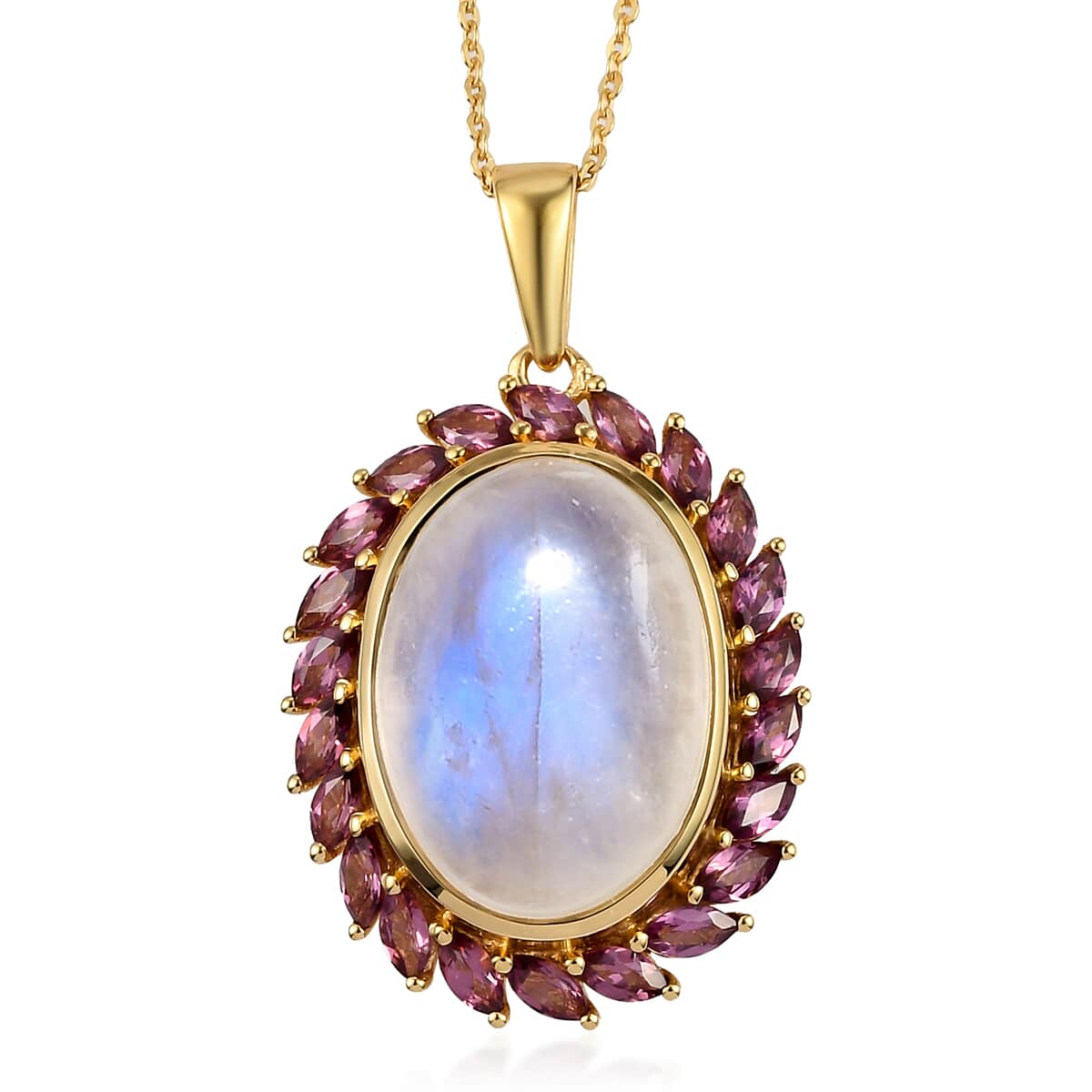 Kuisa Rainbow Moonstone and Orissa Rhodolite Garnet Halo Pendant Necklace 20 Inches in Vermeil Yellow Gold Over Sterling Silver 8.65 ctw image number 0