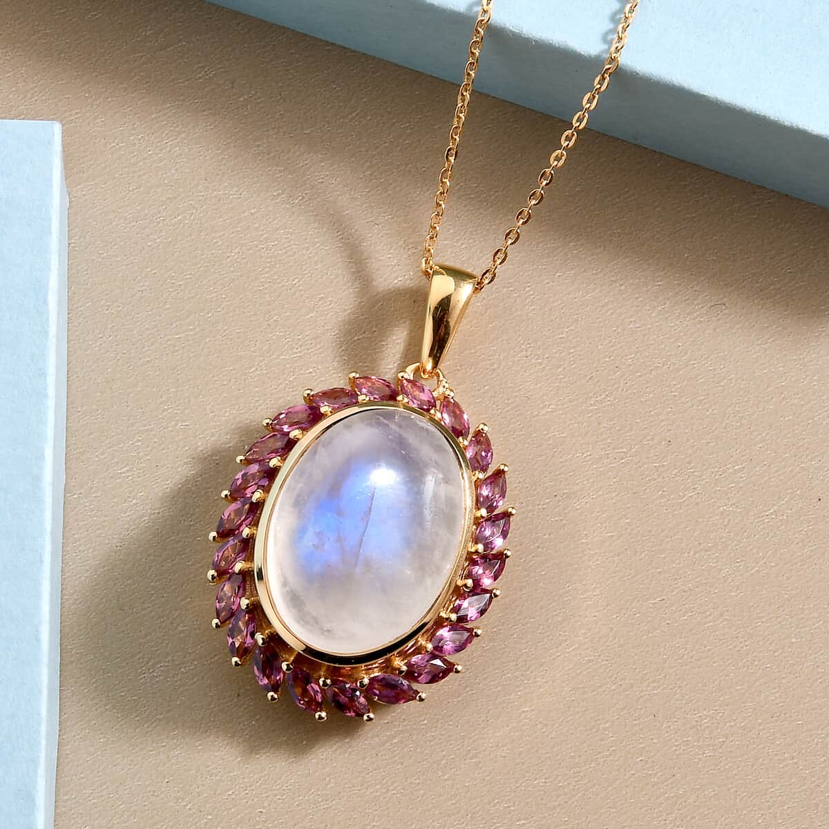 Kuisa Rainbow Moonstone and Orissa Rhodolite Garnet Halo Pendant Necklace 20 Inches in Vermeil Yellow Gold Over Sterling Silver 8.65 ctw image number 1