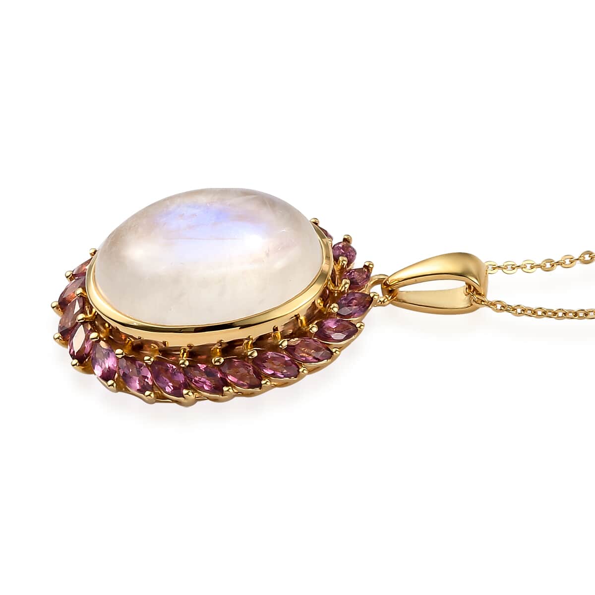 Kuisa Rainbow Moonstone and Orissa Rhodolite Garnet Halo Pendant Necklace 20 Inches in Vermeil Yellow Gold Over Sterling Silver 8.65 ctw image number 3