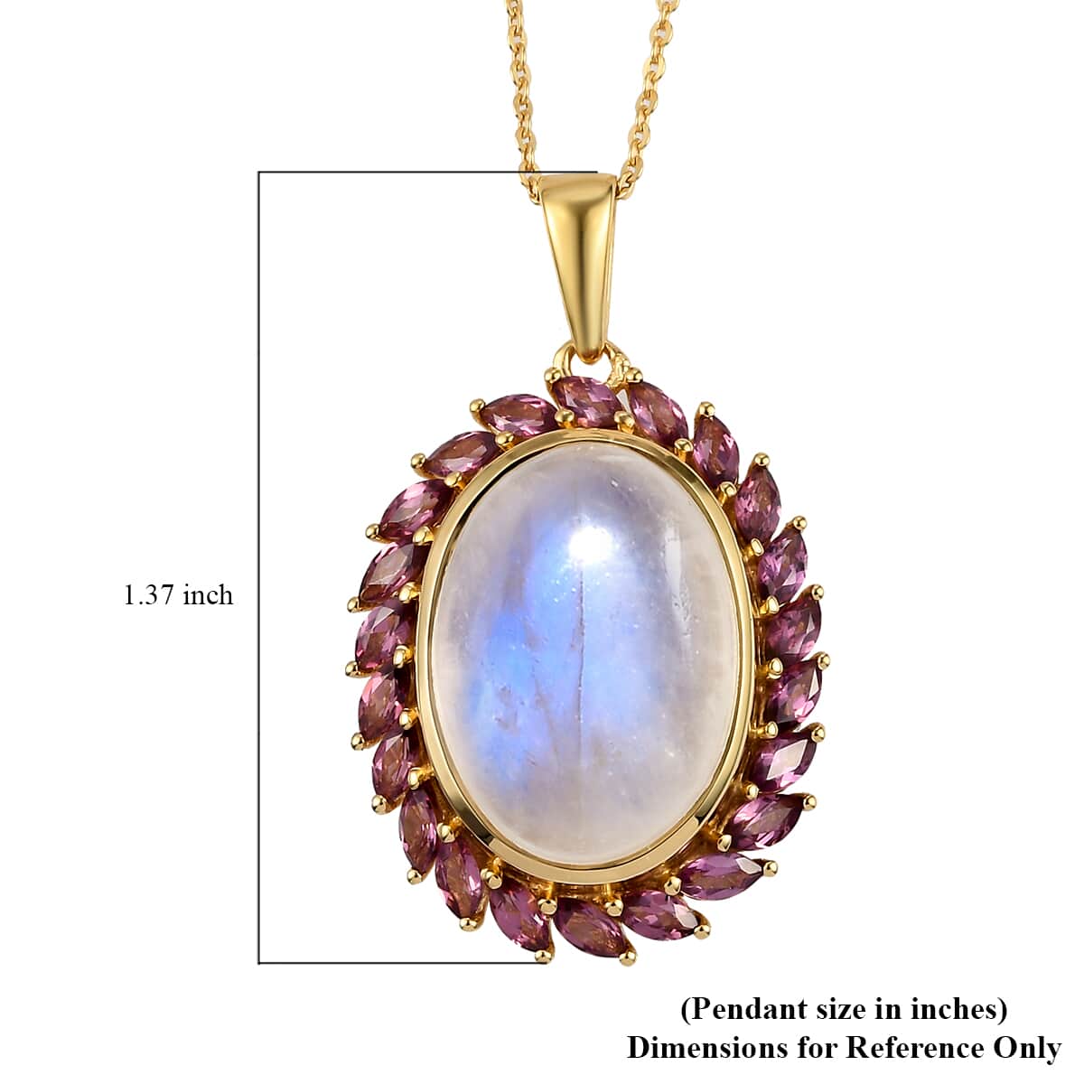 Kuisa Rainbow Moonstone and Orissa Rhodolite Garnet Halo Pendant Necklace 20 Inches in Vermeil Yellow Gold Over Sterling Silver 8.65 ctw image number 6