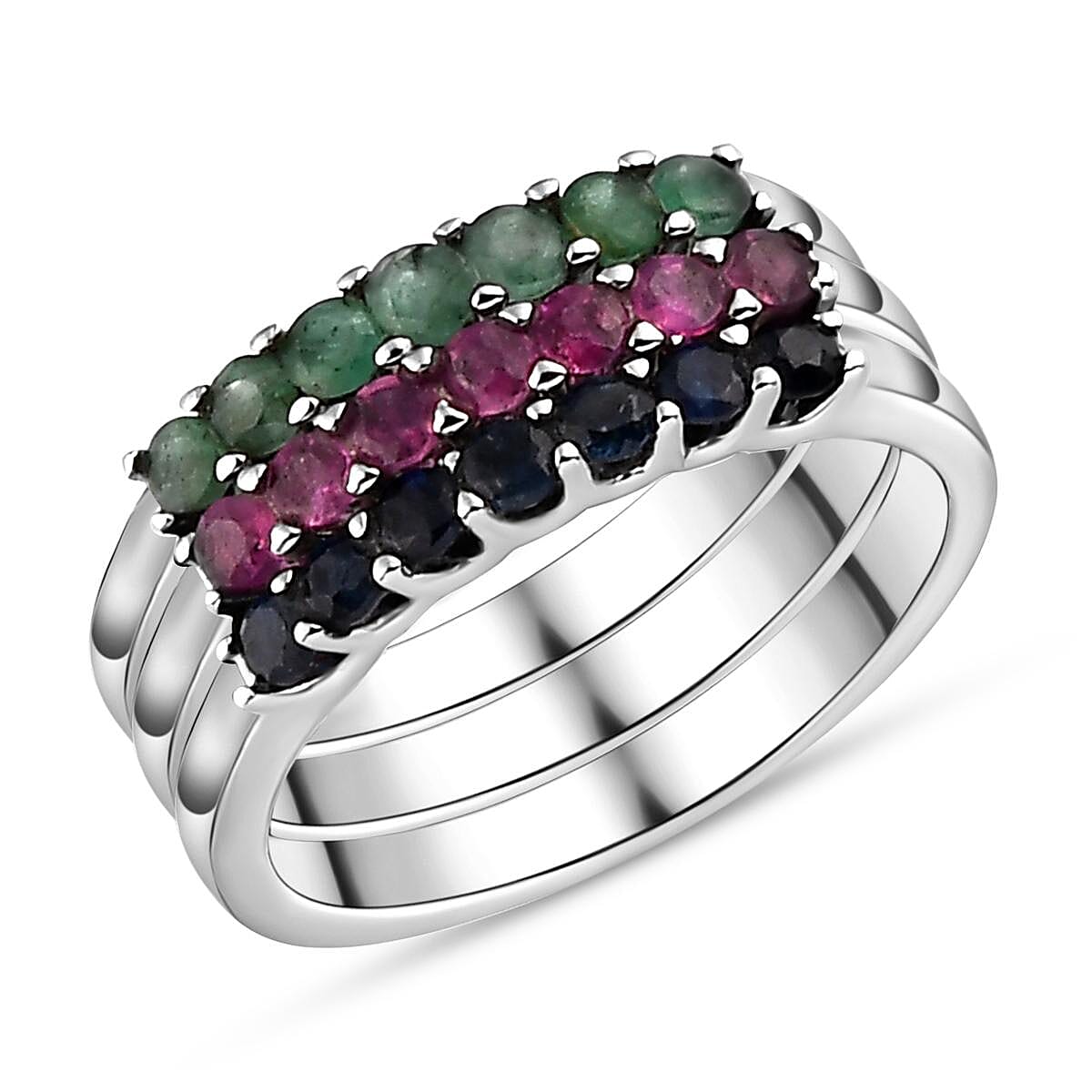 Socoto Emerald and Multi Gemstone 1.02 ctw Band Ring in Stainless Steel (Size 6.5)