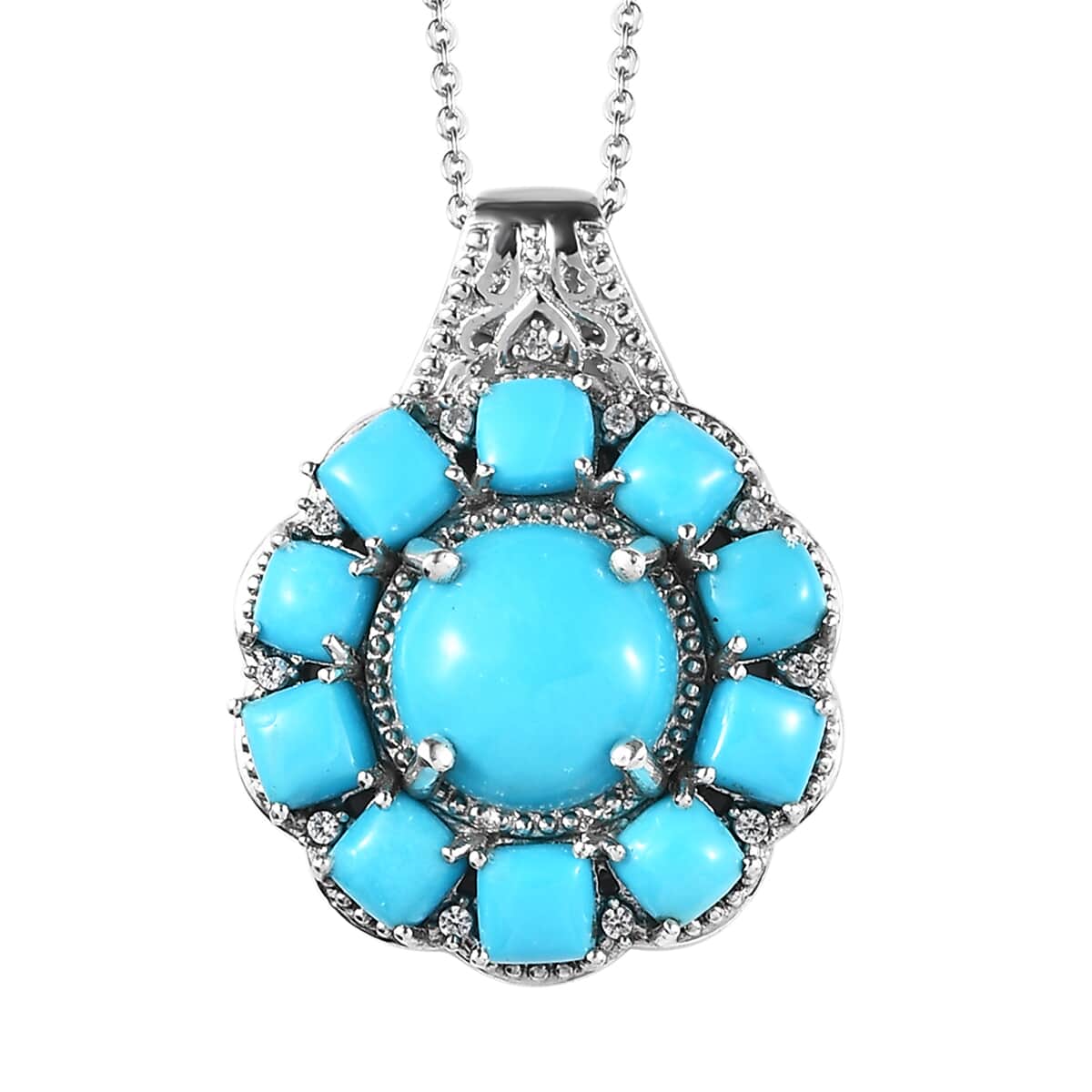 Sleeping Beauty Turquoise and White Zircon 6.75 ctw Floral Pendant Necklace in Platinum Over Sterling Silver 20 Inches image number 0