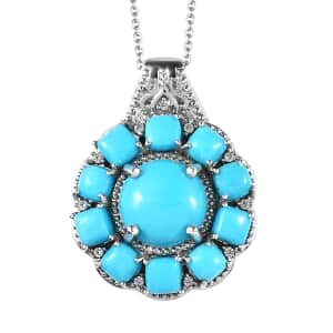 Sleeping Beauty Turquoise and White Zircon Floral Pendant Necklace 20 Inches in Platinum Over Sterling Silver 6.75 ctw