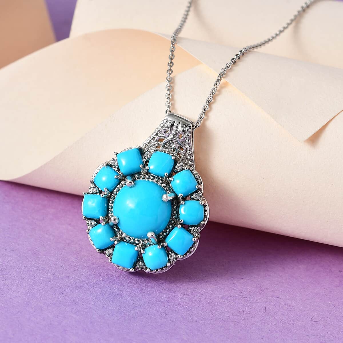 Sleeping Beauty Turquoise and White Zircon 6.75 ctw Floral Pendant Necklace in Platinum Over Sterling Silver 20 Inches image number 1