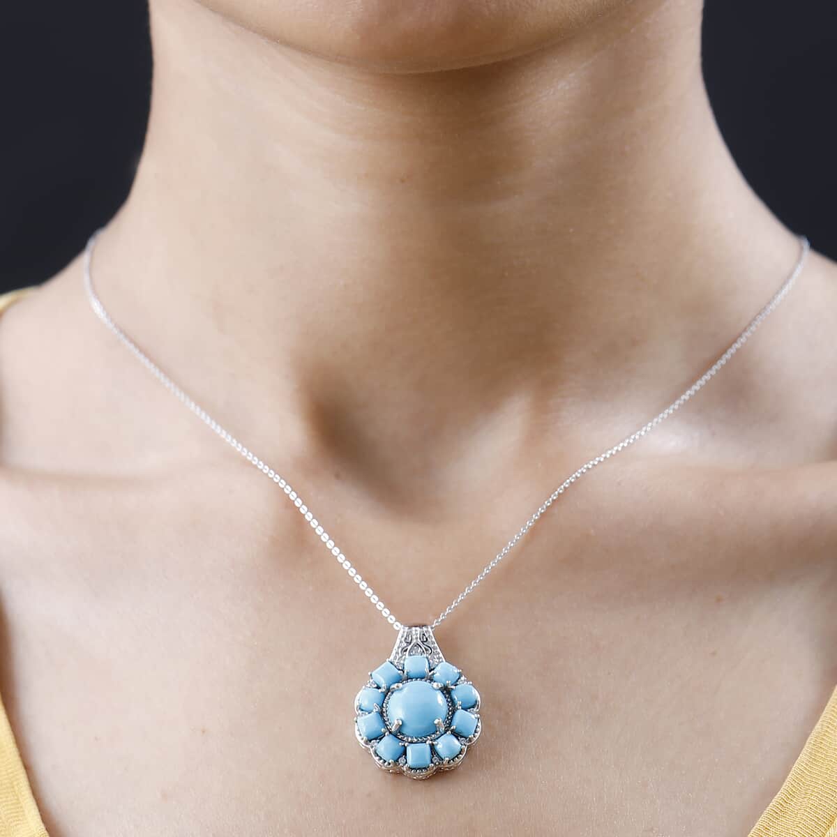 Sleeping Beauty Turquoise and White Zircon 6.75 ctw Floral Pendant Necklace in Platinum Over Sterling Silver 20 Inches image number 2