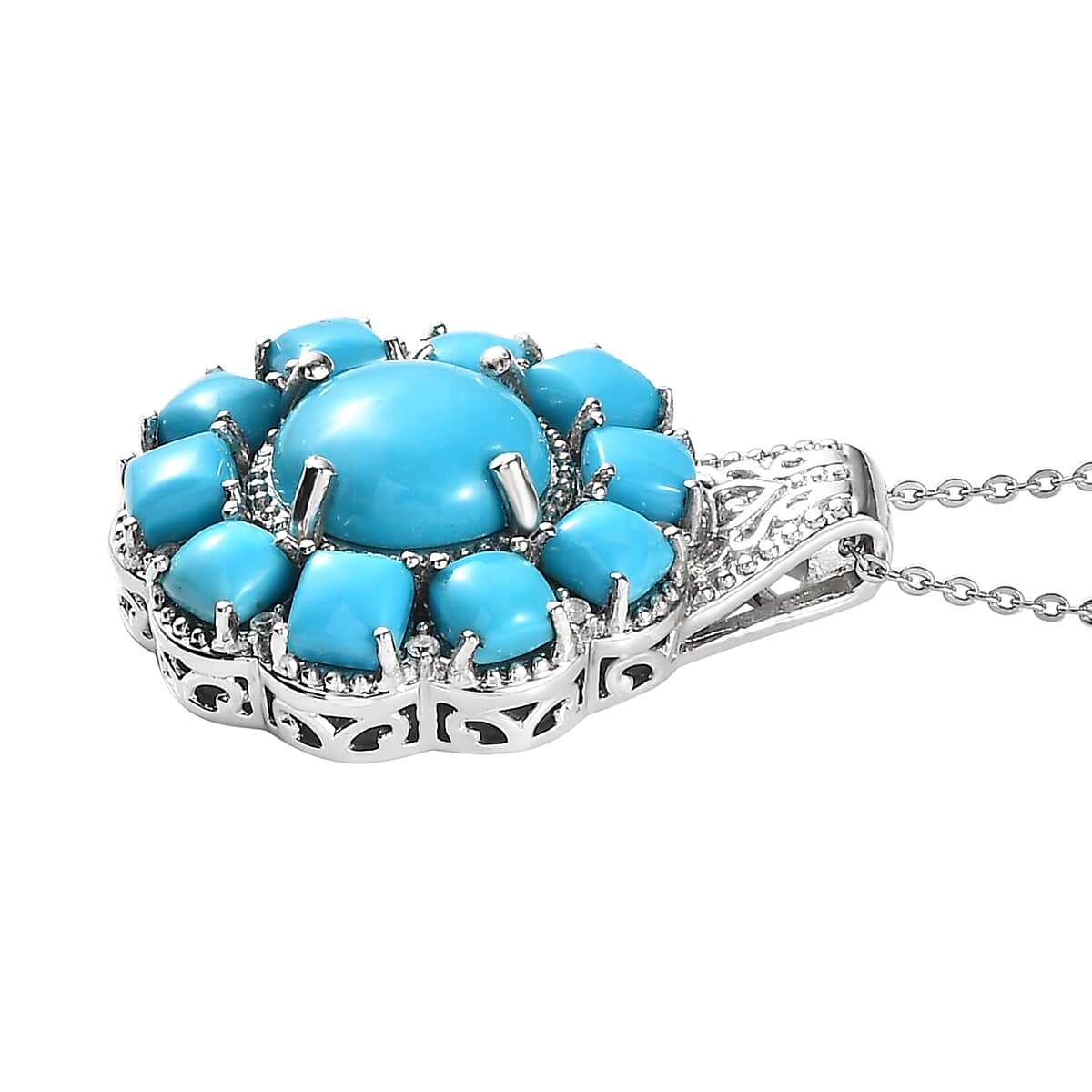 Sleeping Beauty Turquoise and White Zircon 6.75 ctw Floral Pendant Necklace in Platinum Over Sterling Silver 20 Inches image number 3