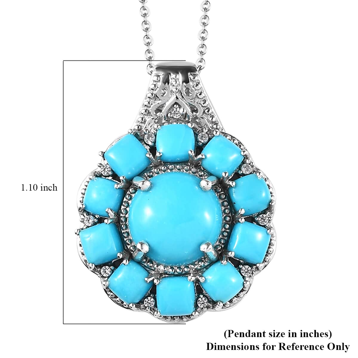 Sleeping Beauty Turquoise and White Zircon 6.75 ctw Floral Pendant Necklace in Platinum Over Sterling Silver 20 Inches image number 6