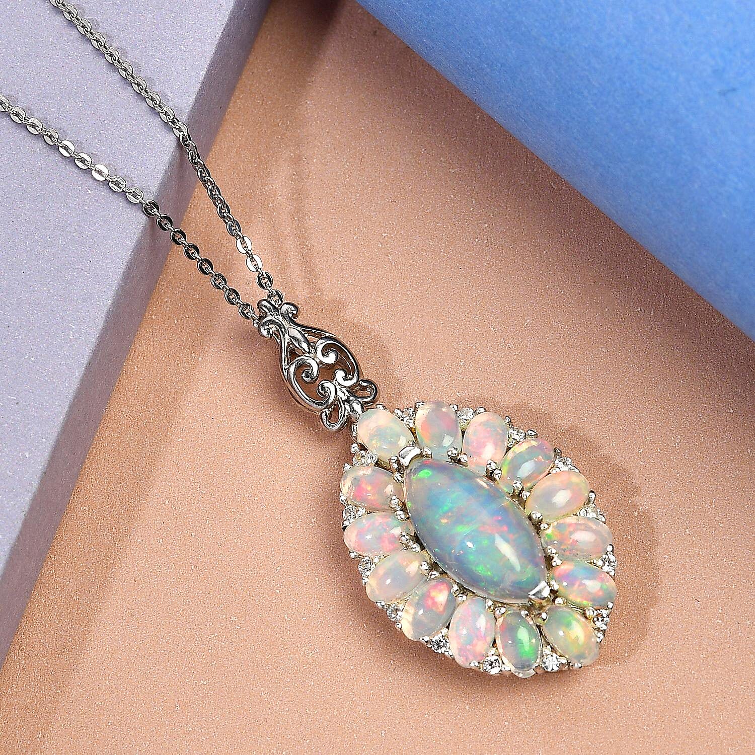 Premium Ethiopian Welo Opal and White Zircon Halo Pendant Necklace 20 Inches in Platinum Over Sterling Silver 4.50 ctw