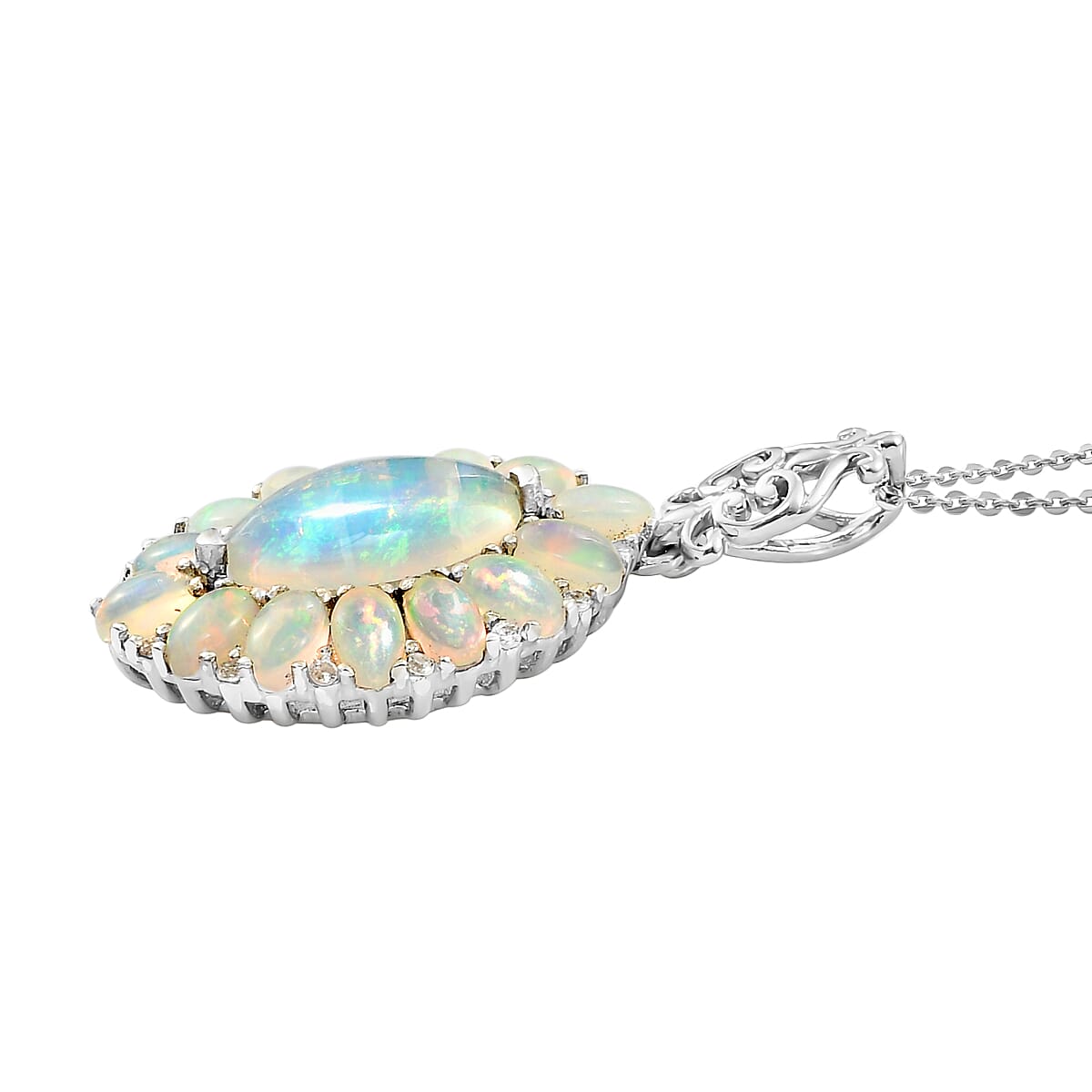 Premium Ethiopian Welo Opal and White Zircon Halo Pendant Necklace 20 Inches in Platinum Over Sterling Silver 4.50 ctw