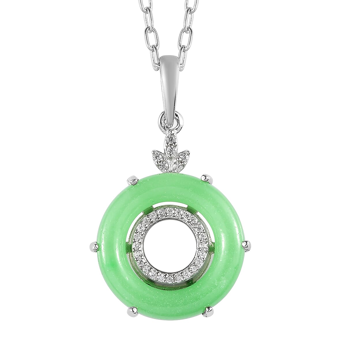 Green Jade (D) and White Zircon Pendant Necklace 20 Inches in Platinum Over Sterling Silver 9.65 ctw