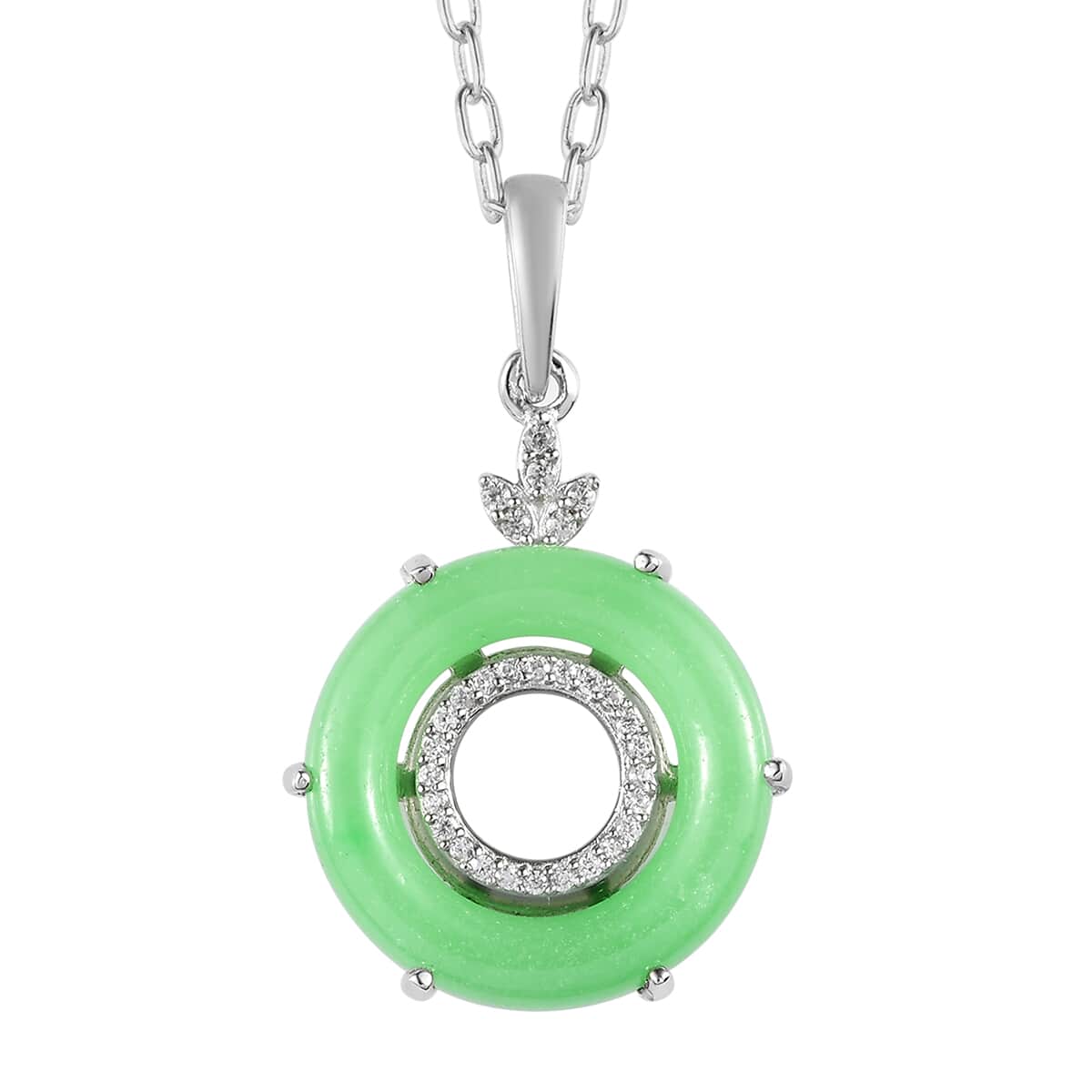Green Jade (D) and White Zircon Pendant Necklace 20 Inches in Platinum Over Sterling Silver 9.65 ctw image number 0