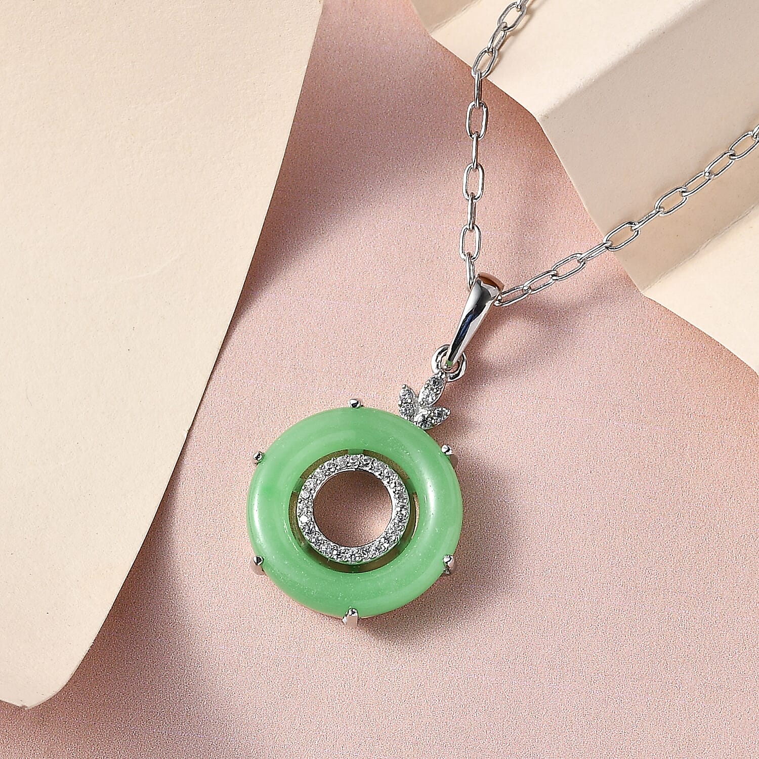 Green Jade (D) and White Zircon Pendant Necklace 20 Inches in Platinum Over Sterling Silver 9.65 ctw