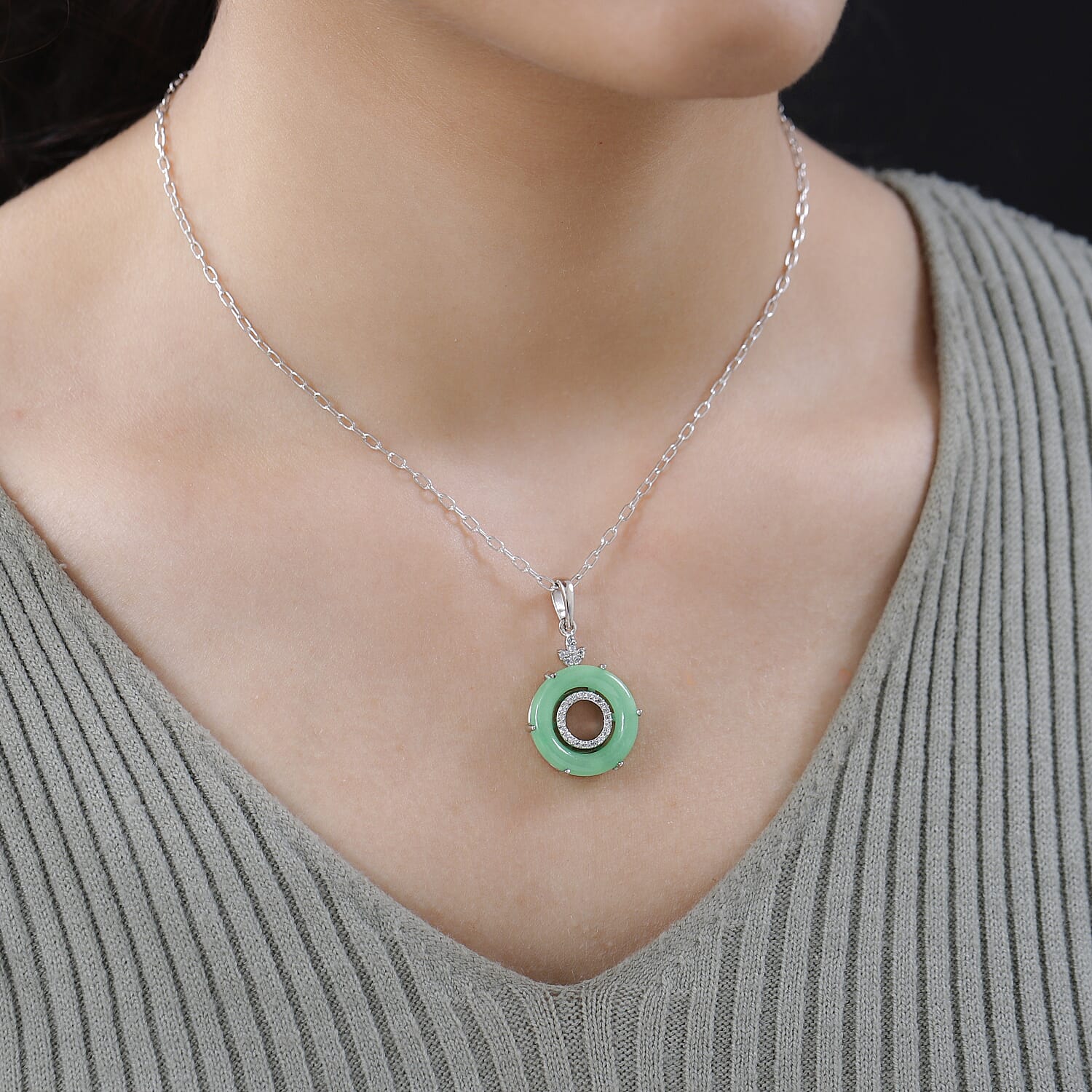 Green Jade (D) and White Zircon Pendant Necklace 20 Inches in Platinum Over Sterling Silver 9.65 ctw