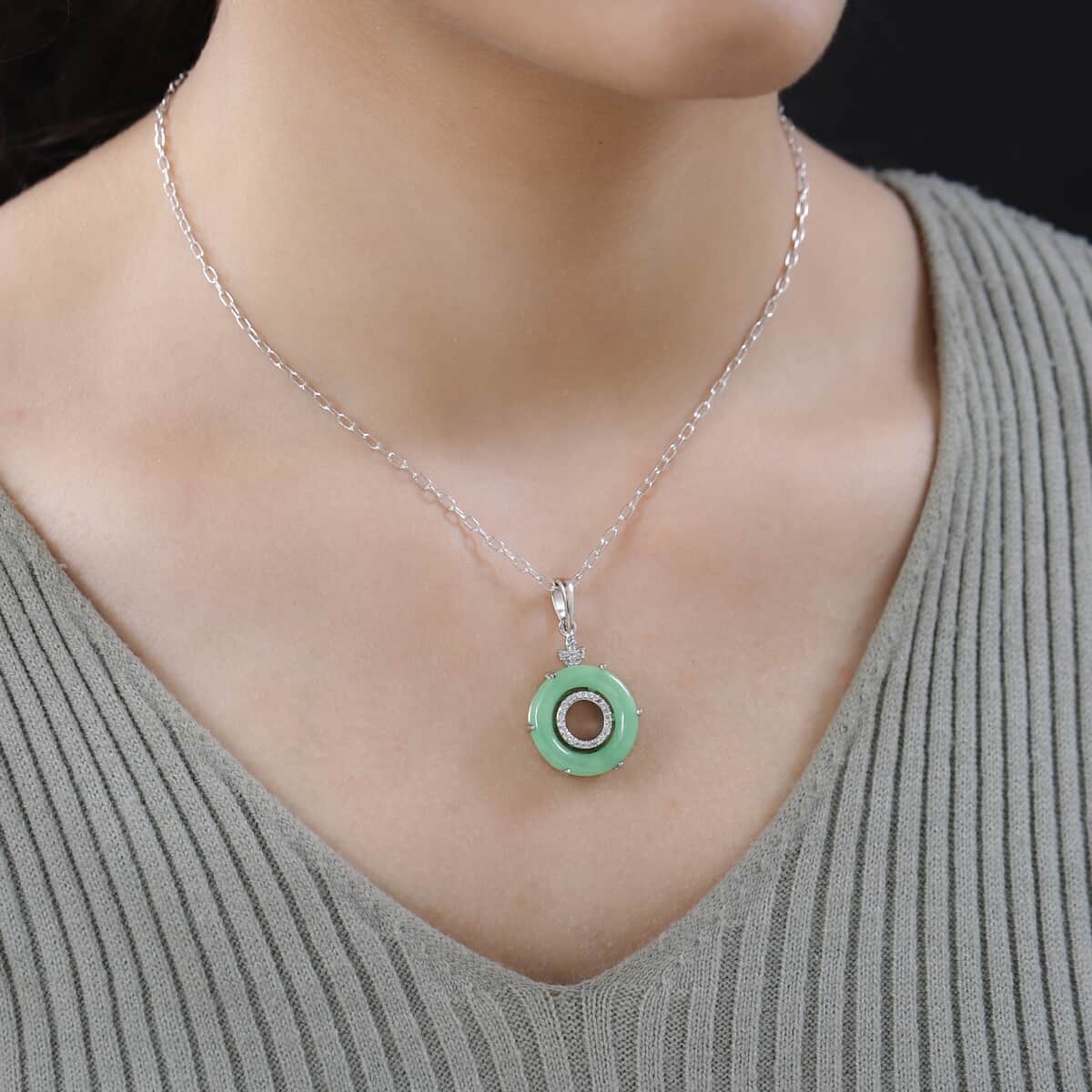 Green Jade (D) and White Zircon Pendant Necklace 20 Inches in Platinum Over Sterling Silver 9.65 ctw image number 2