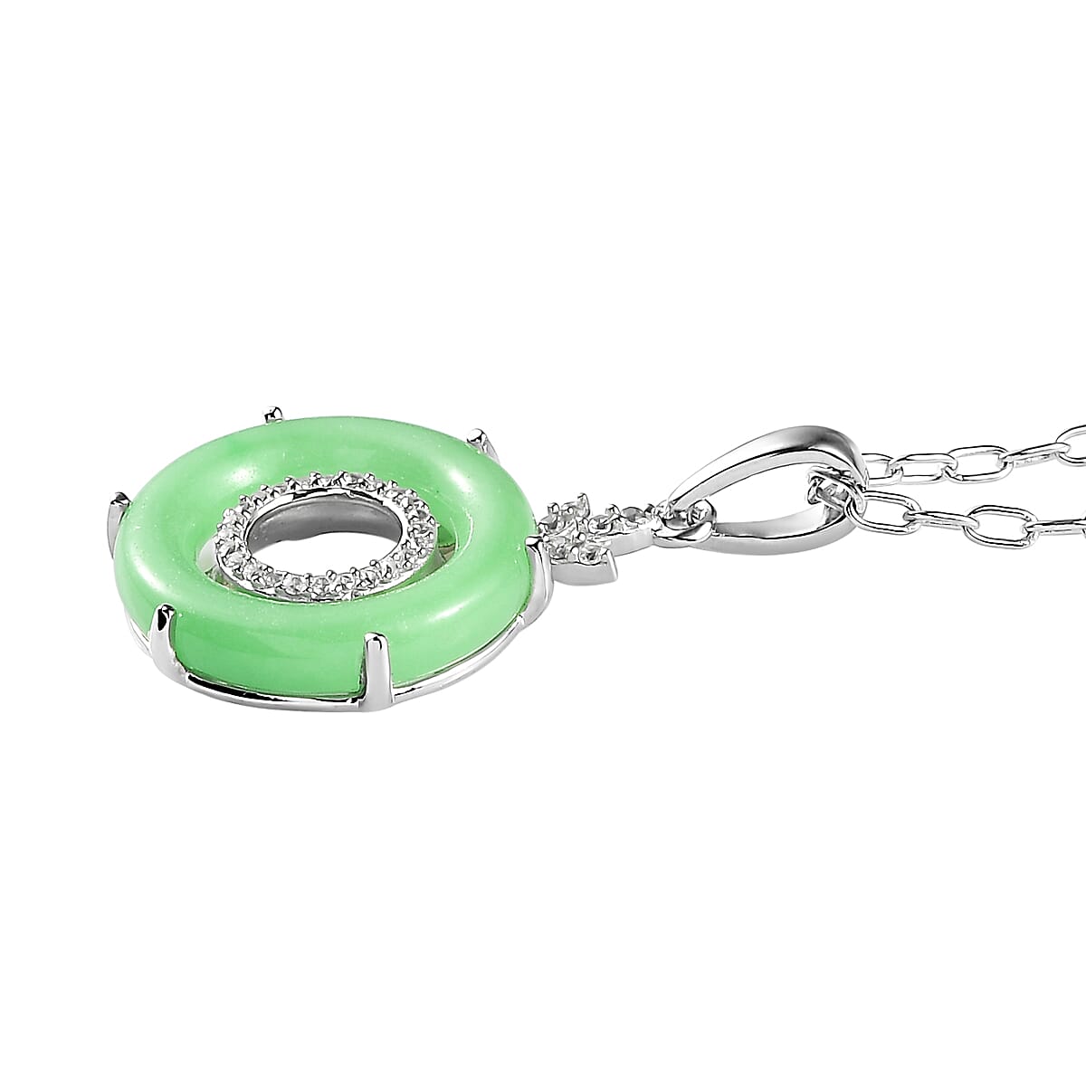 Green Jade (D) and White Zircon Pendant Necklace 20 Inches in Platinum Over Sterling Silver 9.65 ctw