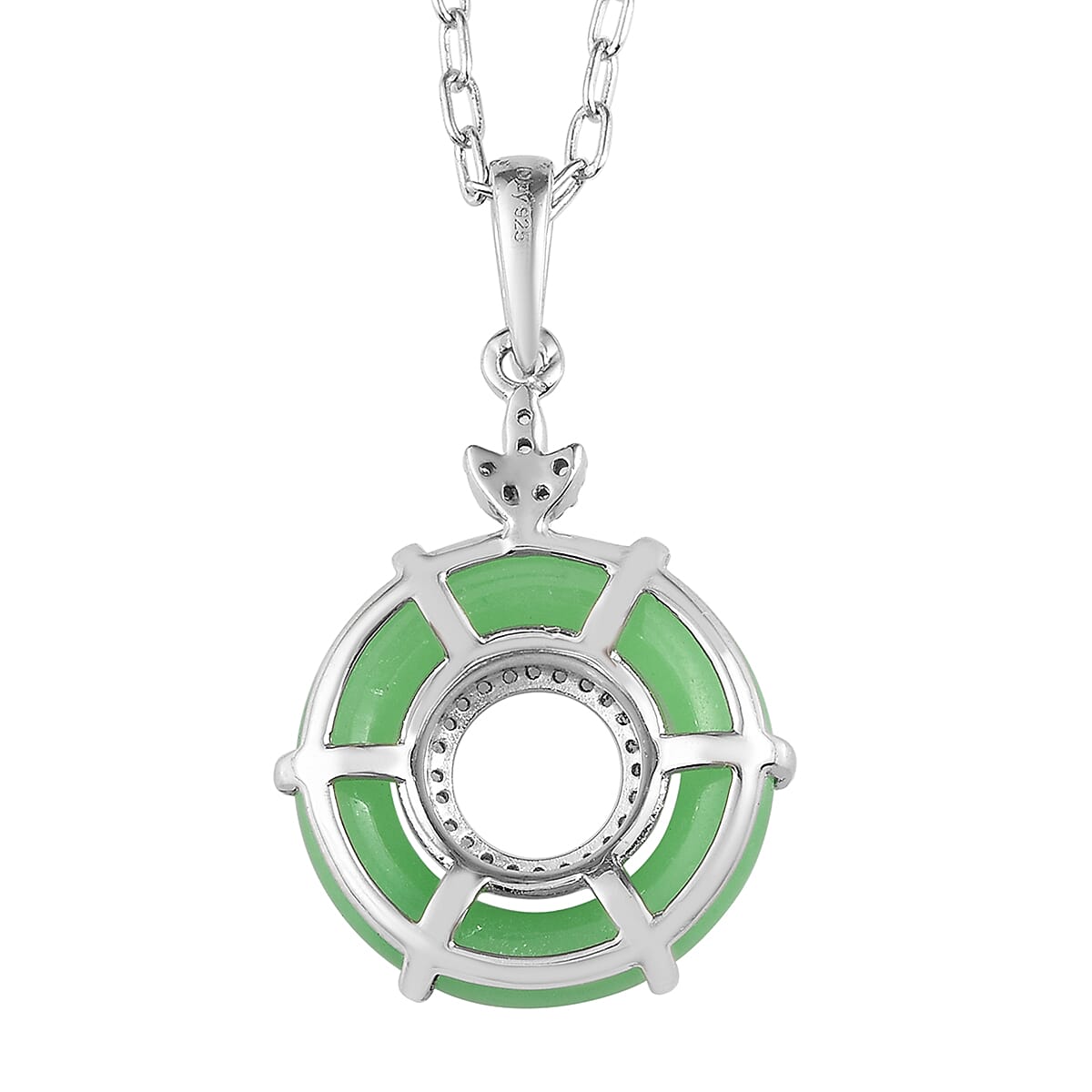 Green Jade (D) and White Zircon Pendant Necklace 20 Inches in Platinum Over Sterling Silver 9.65 ctw