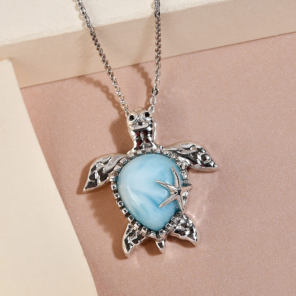 Larimar and Thai Black Spinel Turtle Pendant Necklace 20 Inches in Platinum Over Sterling Silver 4.90 ctw image number 1