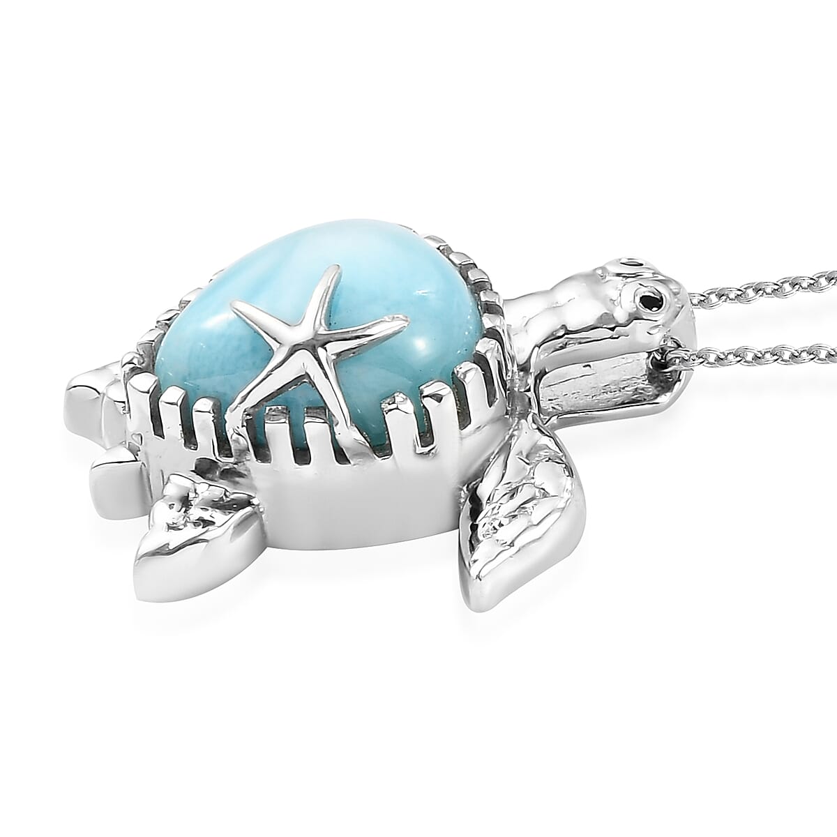 Larimar and Thai Black Spinel Turtle Pendant Necklace 20 Inches in Platinum Over Sterling Silver 4.90 ctw image number 3