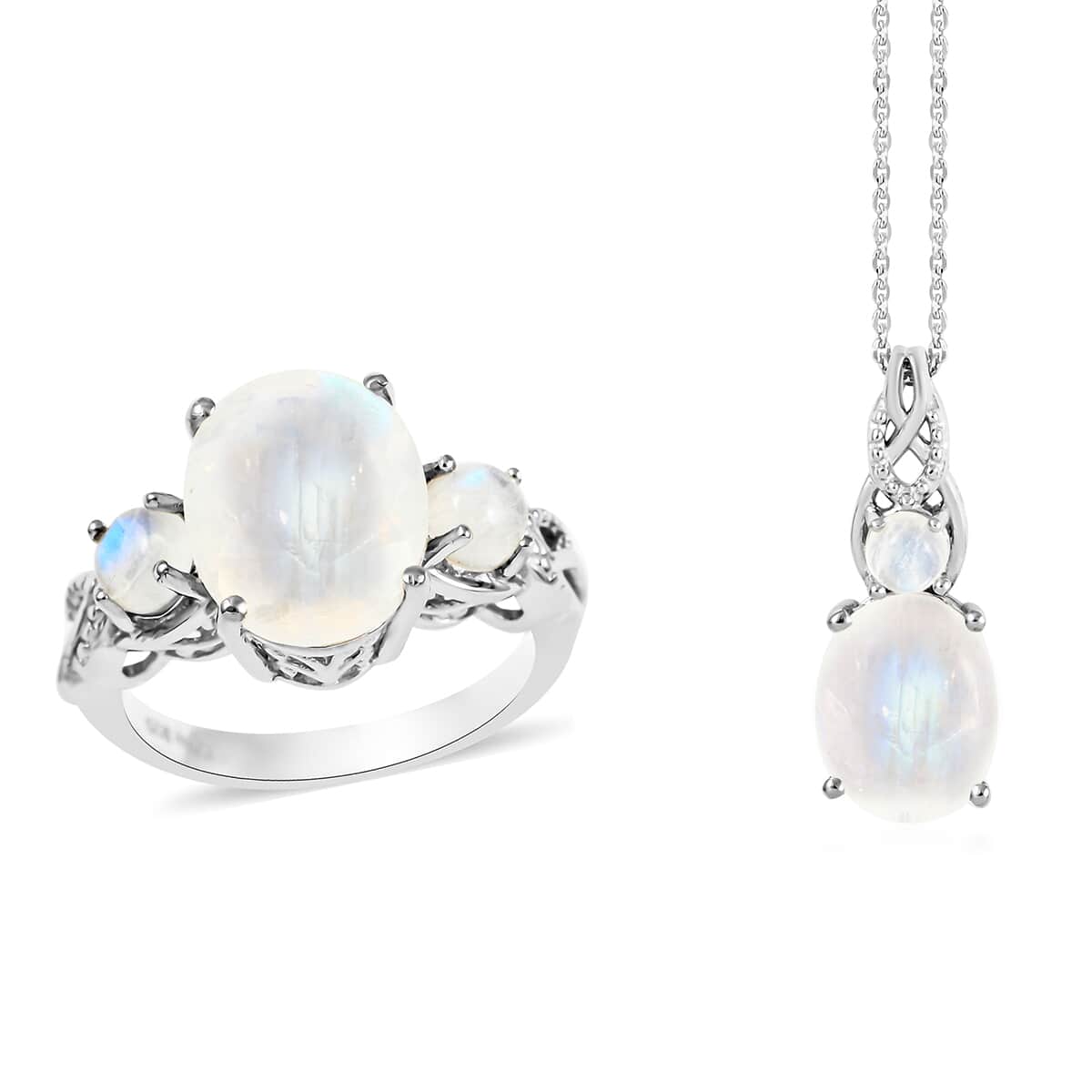 Moon Glow Moonstone Ring and Pendant Necklace 20 Inches in Platinum Over Sterling Silver 7.75 Grams 7.70 ctw image number 0