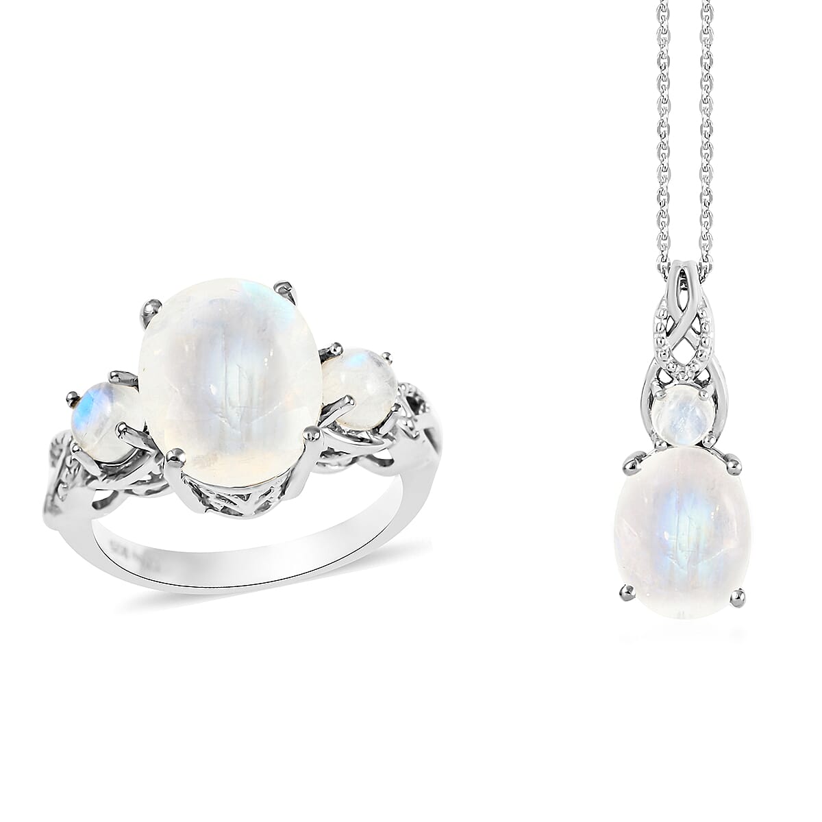 Moon Glow Moonstone Ring (Size 6.0) and Pendant Necklace 20 Inches in Platinum Over Sterling Silver 7.75 Grams 7.70 ctw