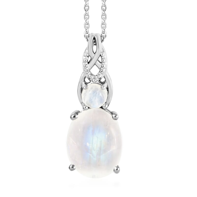 Moon Glow Moonstone Ring (Size 6.0) and Pendant Necklace 20 Inches in Platinum Over Sterling Silver 7.75 Grams 7.70 ctw