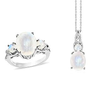 Moon Glow Moonstone Ring (Size 10.0) and Pendant Necklace 20 Inches in Platinum Over Sterling Silver 7.75 Grams 7.70 ctw