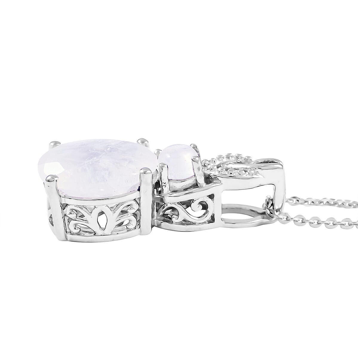 Moon Glow Moonstone Ring (Size 10.0) and Pendant Necklace 20 Inches in Platinum Over Sterling Silver 7.75 Grams 7.70 ctw image number 5