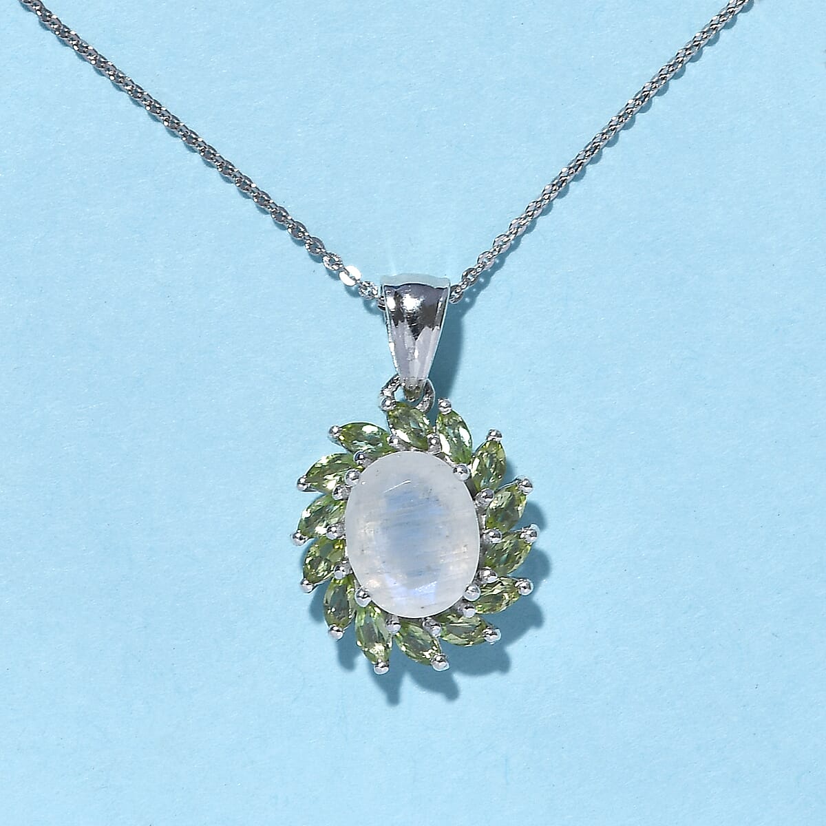 Premium Rainbow Moonstone and Peridot Cocktail Pendant Necklace 20 Inches in Platinum Over Sterling Silver 3.85 ctw image number 1