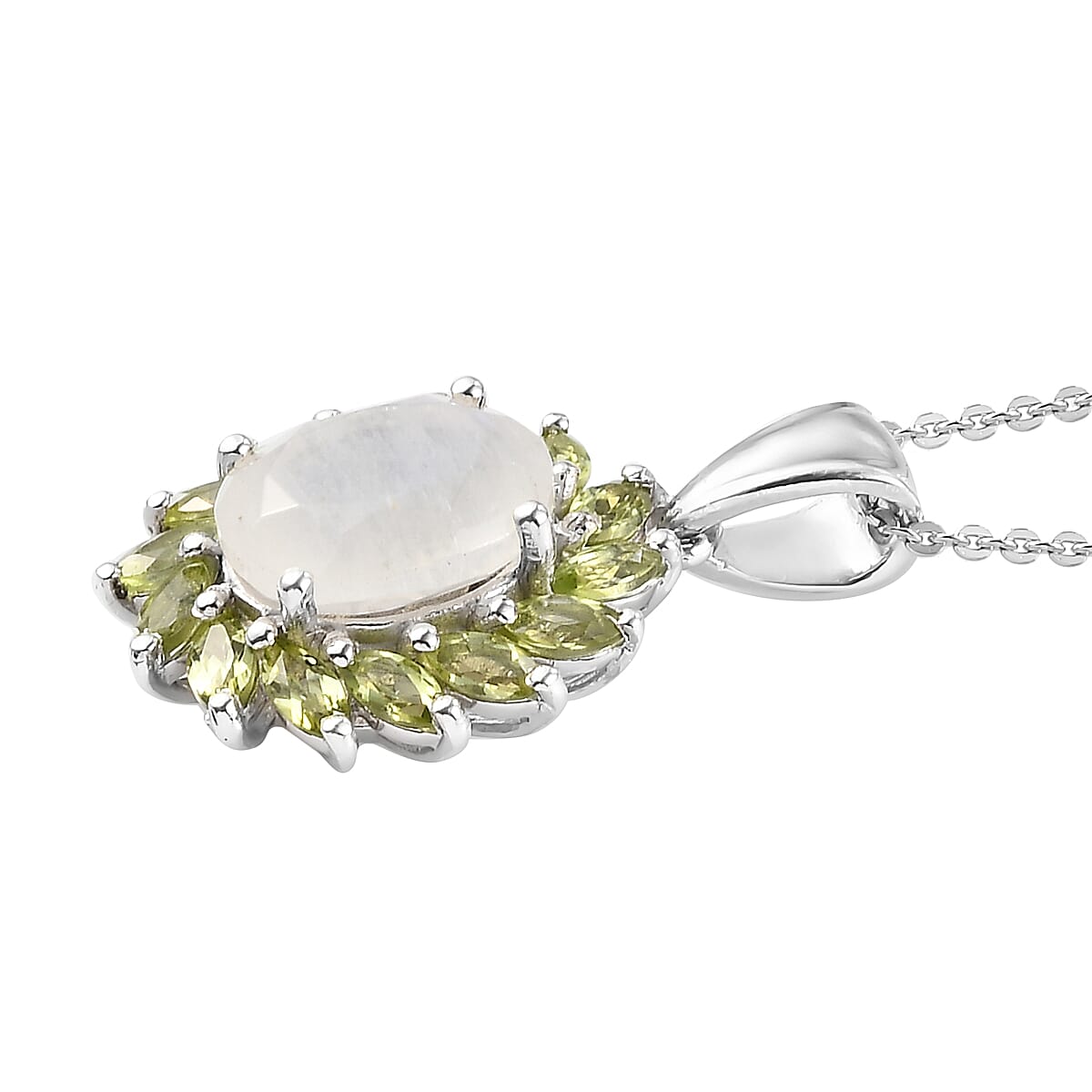 Premium Rainbow Moonstone and Peridot Cocktail Pendant Necklace 20 Inches in Platinum Over Sterling Silver 3.85 ctw image number 3