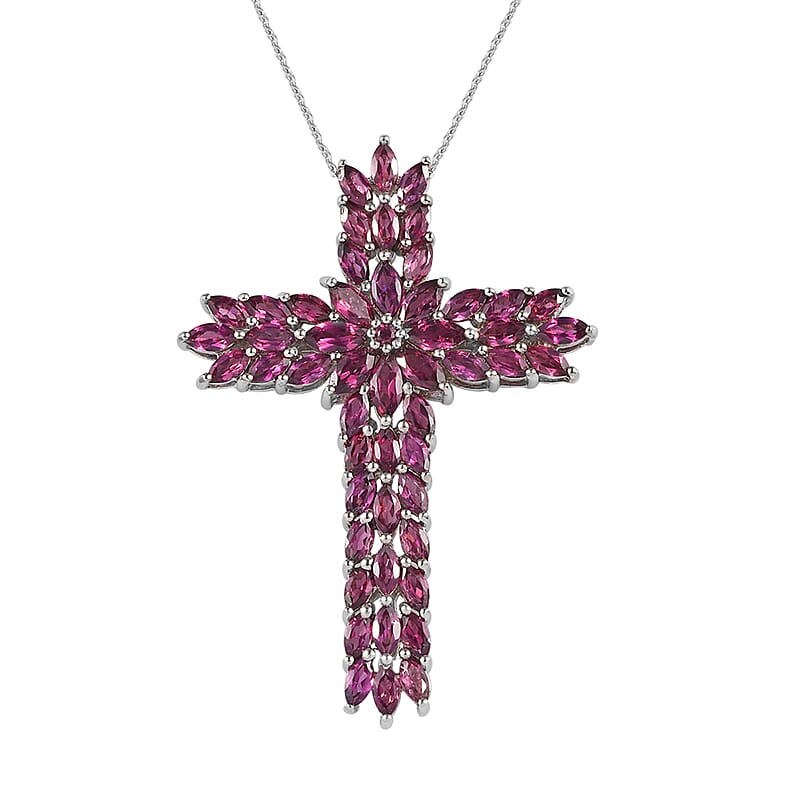 Orissa Rhodolite Garnet Cross Pendant Necklace 20 Inches in Platinum Over Sterling Silver 9.60 ctw