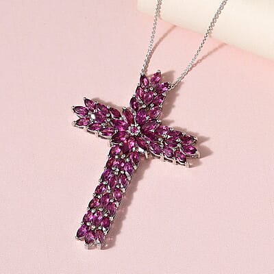 Orissa Rhodolite Garnet Cross Pendant Necklace 20 Inches in Platinum Over Sterling Silver 9.60 ctw