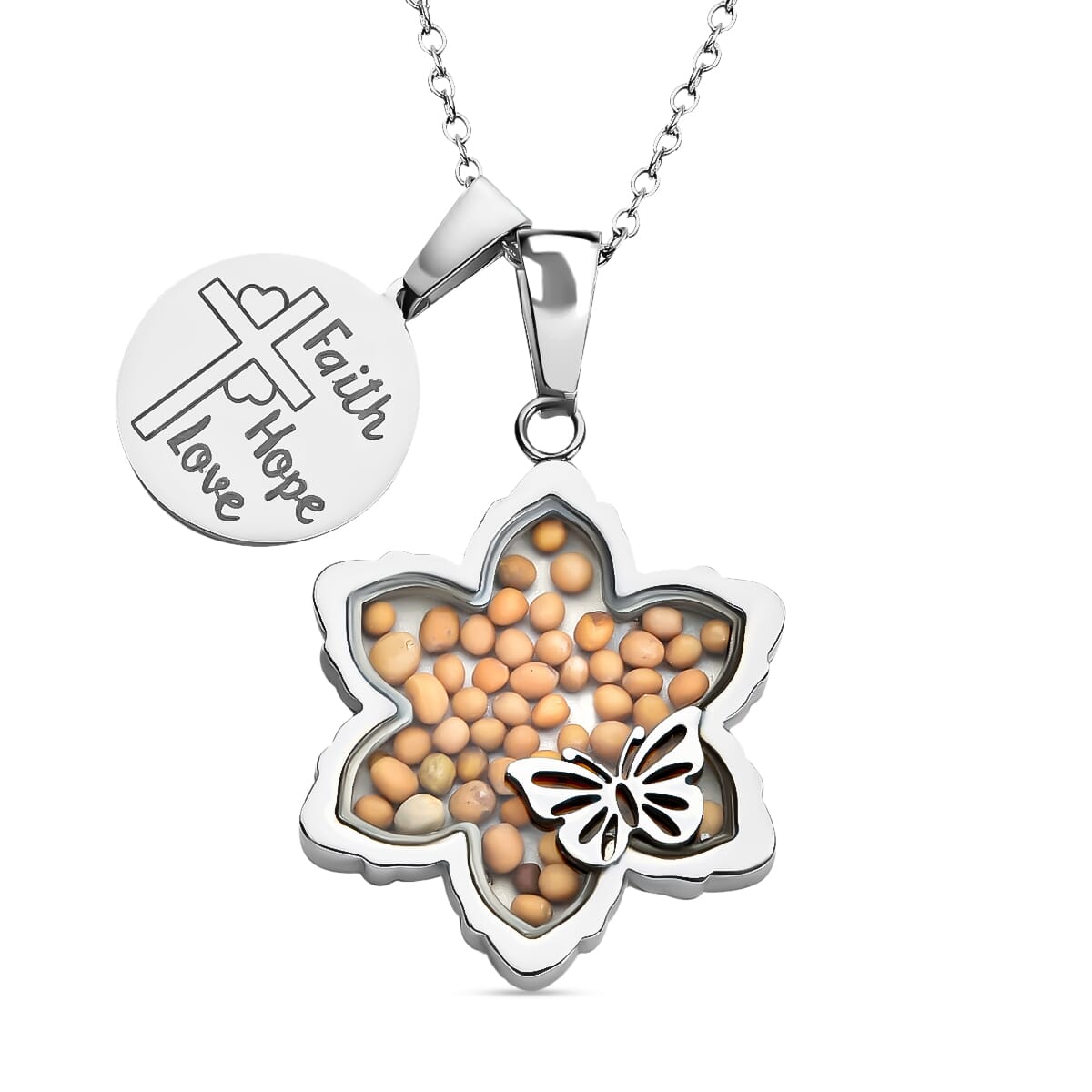 Mustard Seed Floral and Butterfly Pendant Necklace 24 Inches with Cross Charm in Stainless Steel image number 0