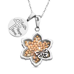 Mustard Seed Floral and Butterfly Pendant Necklace 24 Inches with Cross Charm in Stainless Steel