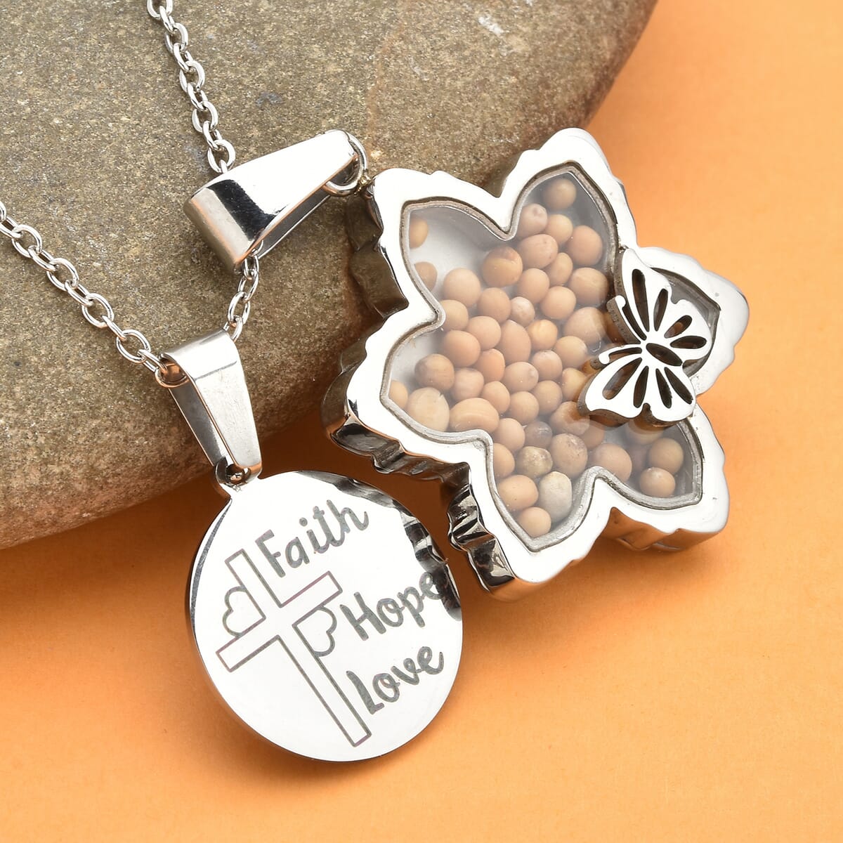 Mustard Seed Floral and Butterfly Pendant Necklace 24 Inches with Cross Charm in Stainless Steel image number 1