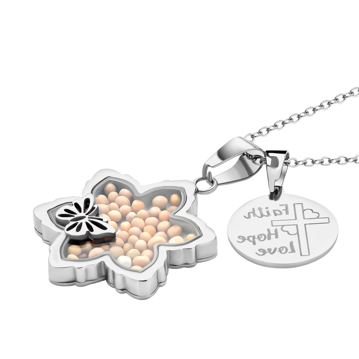 Mustard Seed Floral and Butterfly Pendant Necklace 24 Inches with Cross Charm in Stainless Steel image number 3