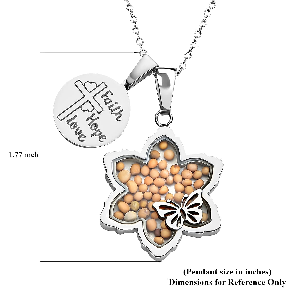 Mustard Seed Floral and Butterfly Pendant Necklace 24 Inches with Cross Charm in Stainless Steel