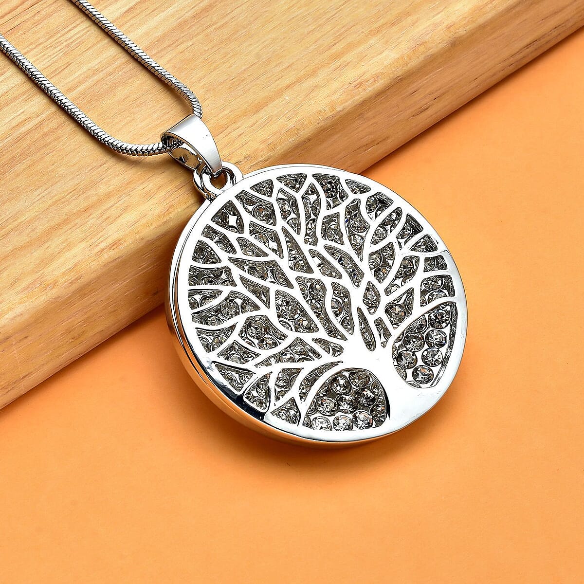 Austrian Crystal Tree of Life Pendant Necklace 29 Inches in Silvertone image number 1